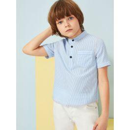 Boys Pocket Patched Buttoned Half Placket Striped Shirt