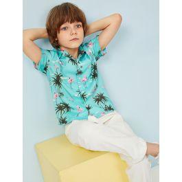 Boys Notched Collar Flamingo and Tree Print Shirt