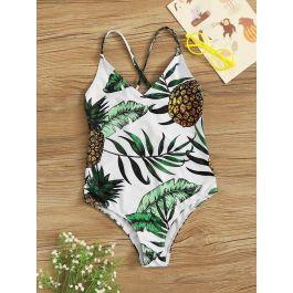 Girls Tropical Criss Cross Backless One Piece Swimsuit