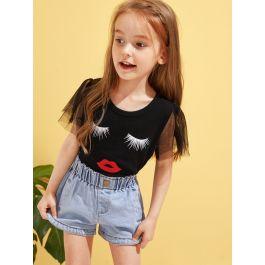 Toddler Girls Cartoon Print Mesh Panel Tee