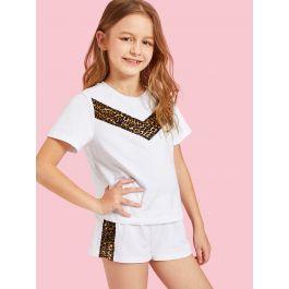 Girls Leopard Chevron Panel Tee & Shorts Set