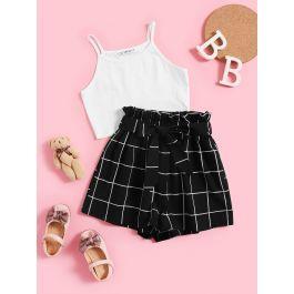 Girls Cami Top and Paperbag Waist Grid Shorts Set