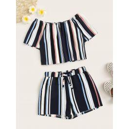 Girls Striped Bardot Top & Drawstring Waist Shorts Set