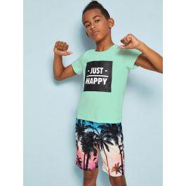 Boys Letter Print Top & Tropical Bermuda Shorts Set