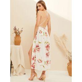 Floral Print Criss Cross Backless Split Dress