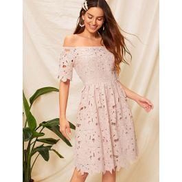 Off Shoulder Fit & Flare Guipure Lace Dress