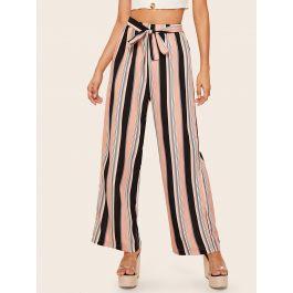 Tie Waist Striped Wide Leg Pants