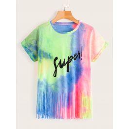 Tie Dye Fringe Hem Letter Print Tee