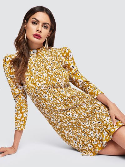 Daisy Print Ruffle Hem Shirred Dress