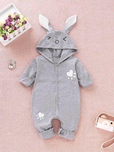 Baby Cartoon Print Button Hooded Onesie