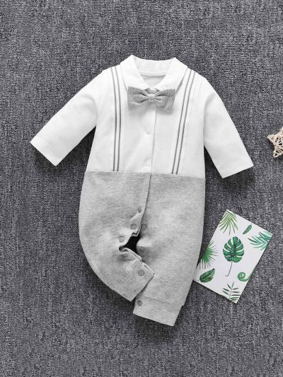 Baby Cut And Sew Panel Bow Tie Button Jumpsuit