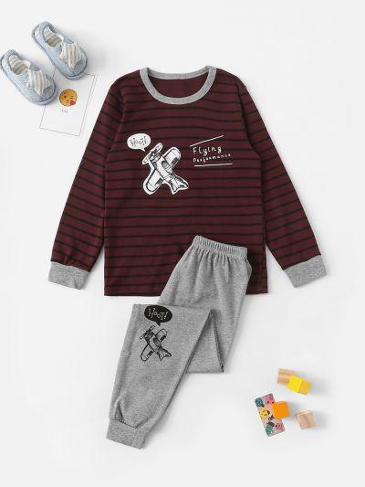 Boys Airplane Print Striped Pajama Set