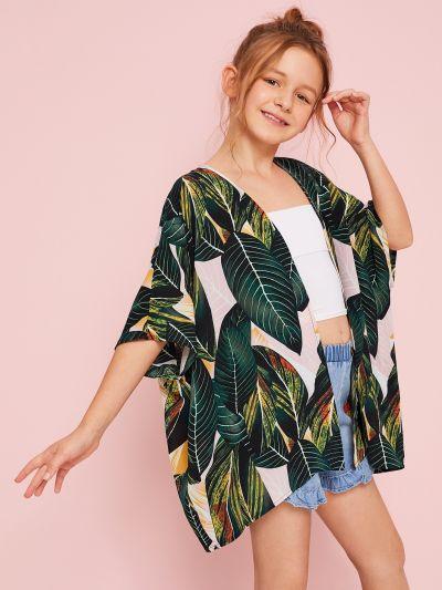 Girls Open Front Jungle Leaf Print Kimono