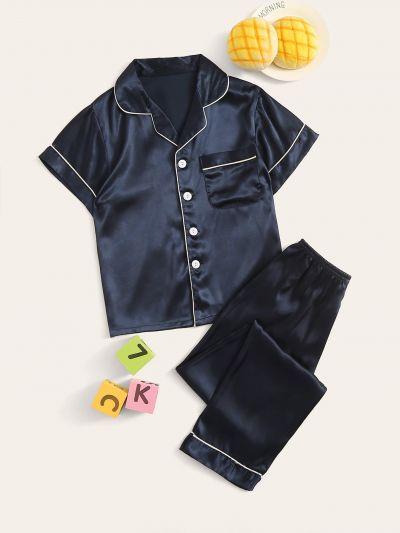 Boys Contrast Binding Satin Shirt & Pants PJ Set