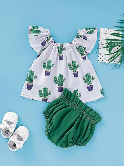 Baby Girl Cactus Print Blouse With Frill Trim Shorts