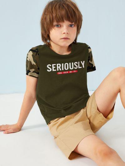 Boys Camo Sleeve Slogan Print Tee