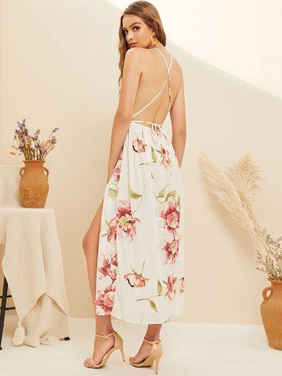 Floral Print Criss Cross Backless Split Dress