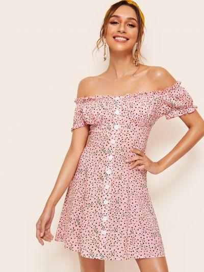 Ditsy Floral Frill Trim Off Shoulder Dress