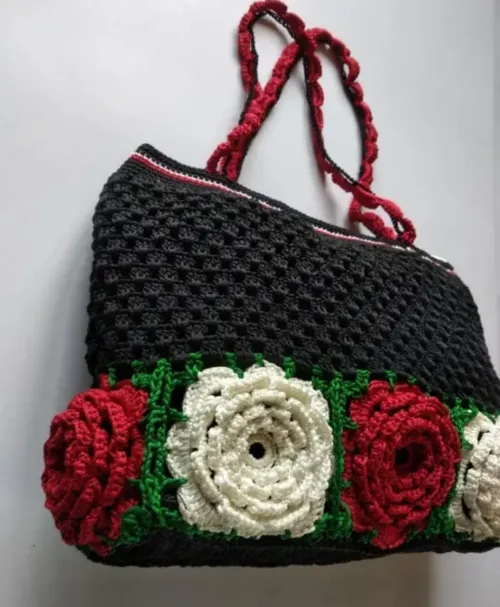 Black Crochet Rose Tote Bag