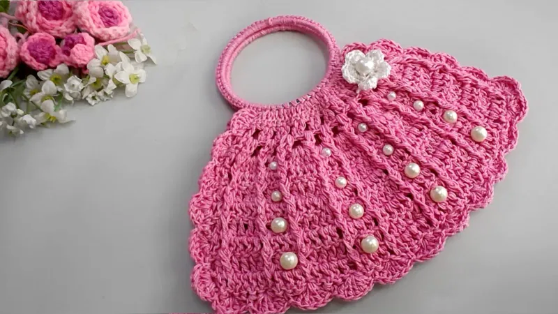 Pink Crochet Pearl Handbag