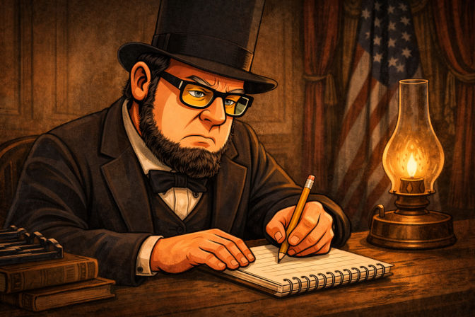 Based on a 'Abraham Lincoln' theme, a serious looking caricature of myself, sitting at a table, and - under oil lamp light - focused on the notepad in front of me.