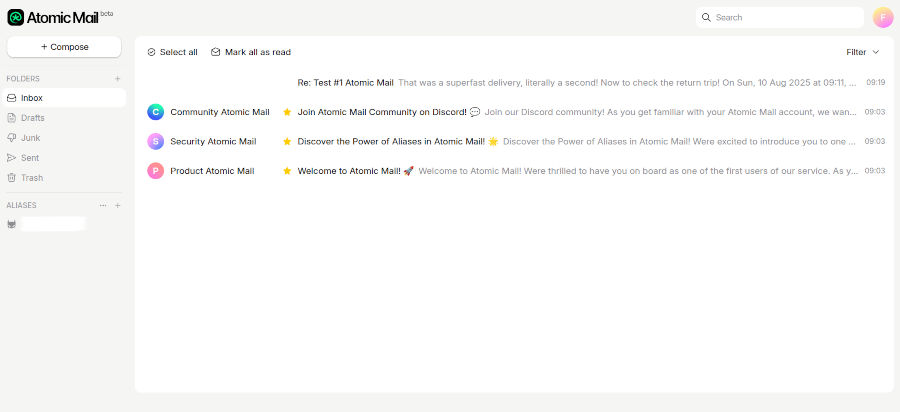Screencap of Atomic Mail setup information.