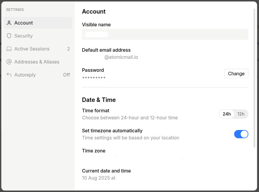 Screencap of Atomic Mail setup information.