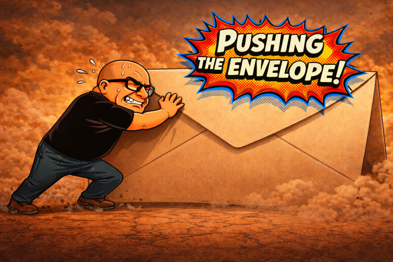 A caricature of myself, straining to push a very large envelope!