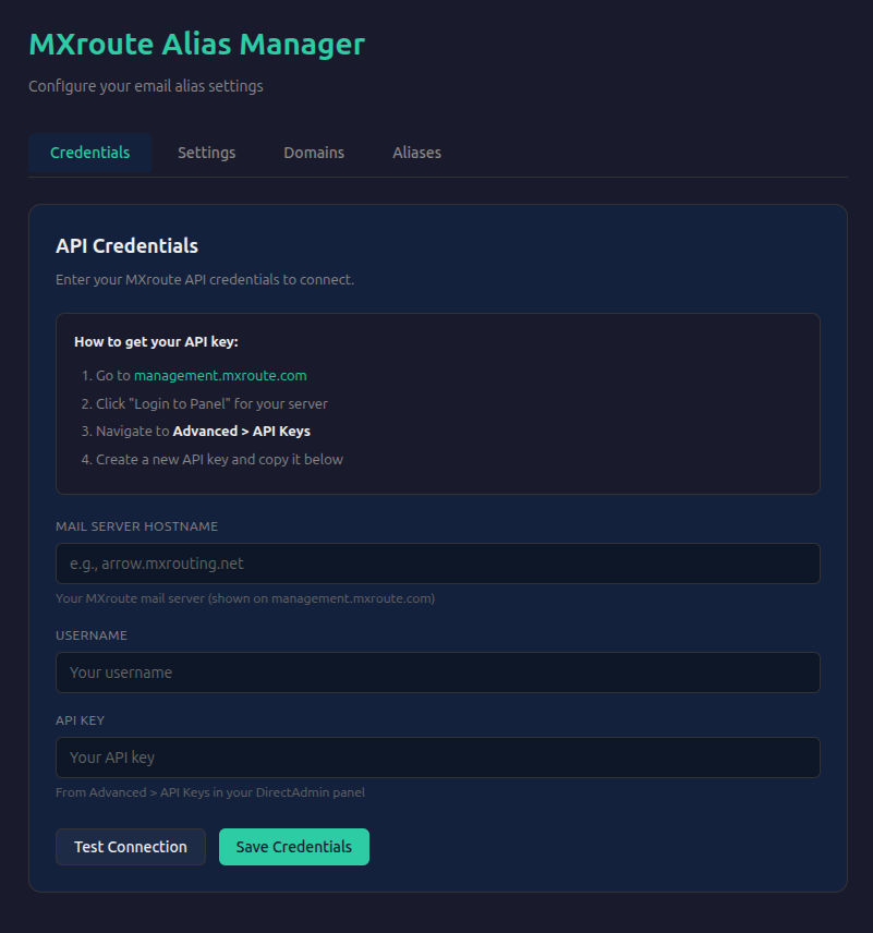 Screencap of the MXroute Alias Manager Extension Settings