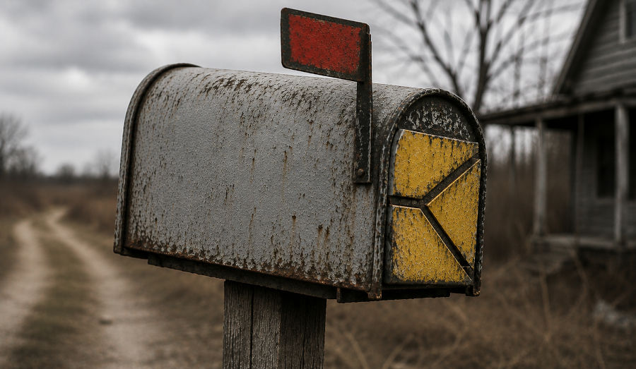 An image of a well worn rustic mail box, with the red flag indicating mail.