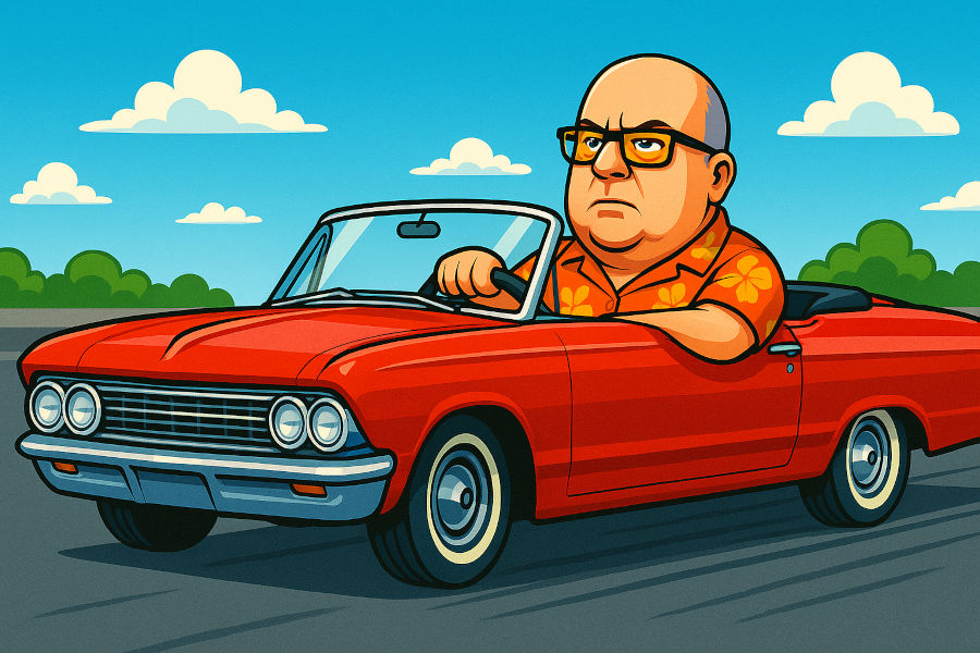 A caricature of myself, behind the wheel of red convertible car.
