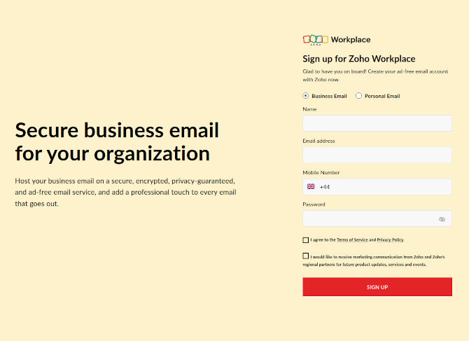 Screencap of the Zoho Mail sign-up page