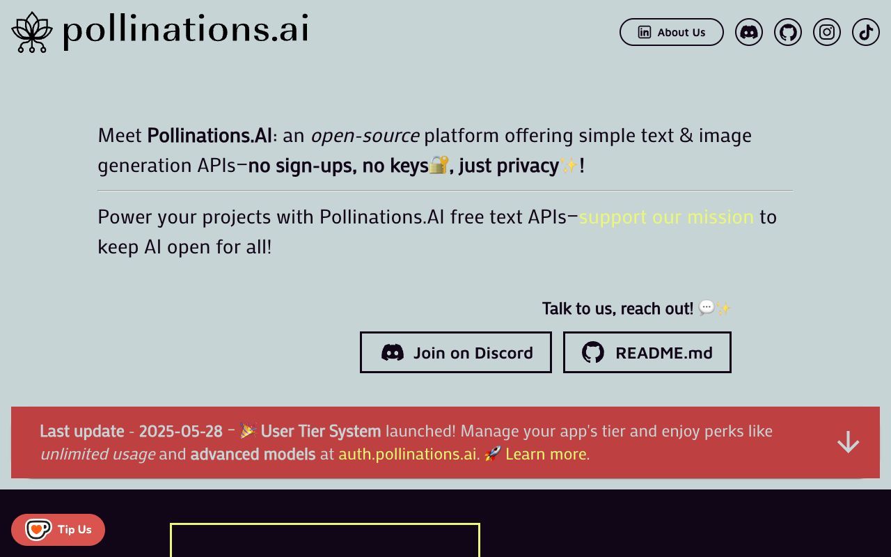 Pollinations.ai website showing its no-signup image generation playground