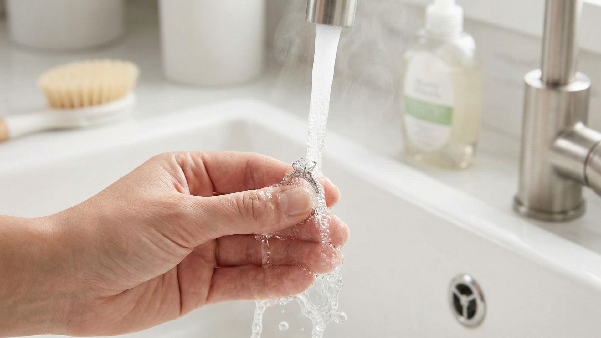 Rinsing diamond ring under warm water