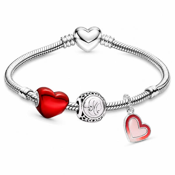 Sweetheart set: red heart, engraved bead and heart dangle charms