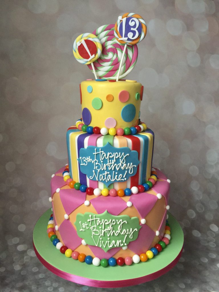 Example of fondant lollipops on a candy themed cake