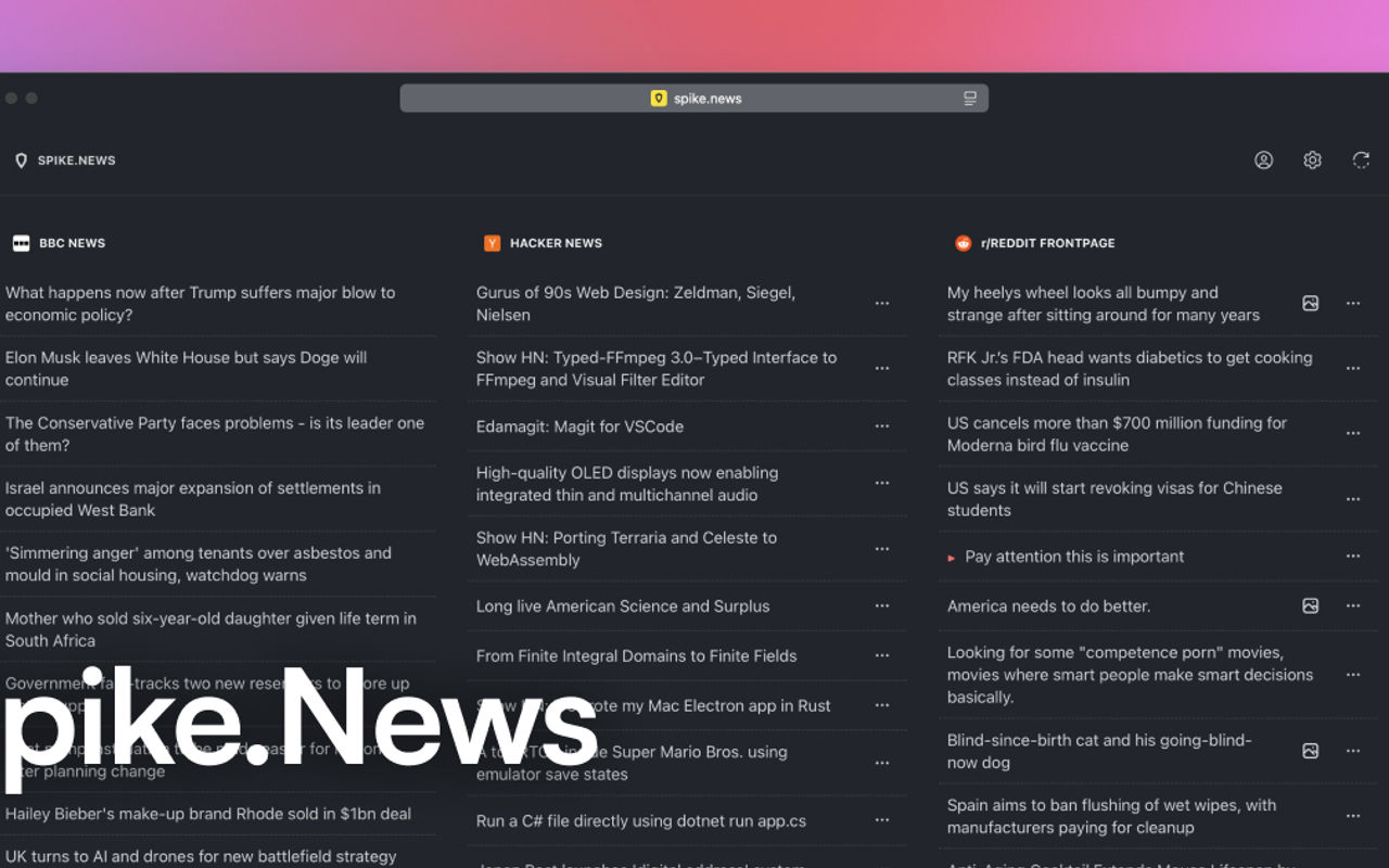 Homepage screenshot of beta.spike.news