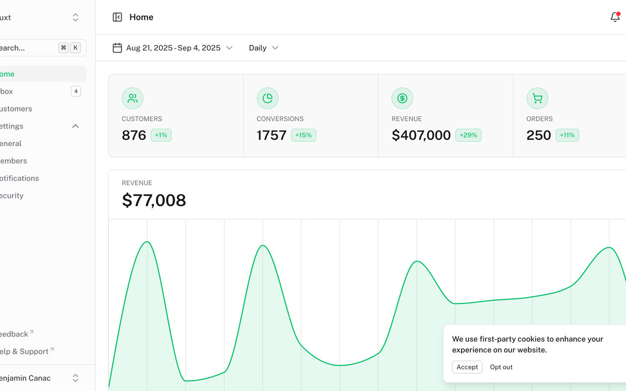 Homepage screenshot of dashboard-template.nuxt.dev