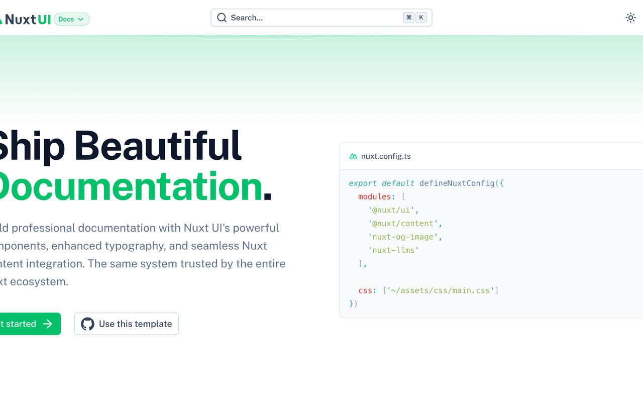 Homepage screenshot of docs-template.nuxt.dev