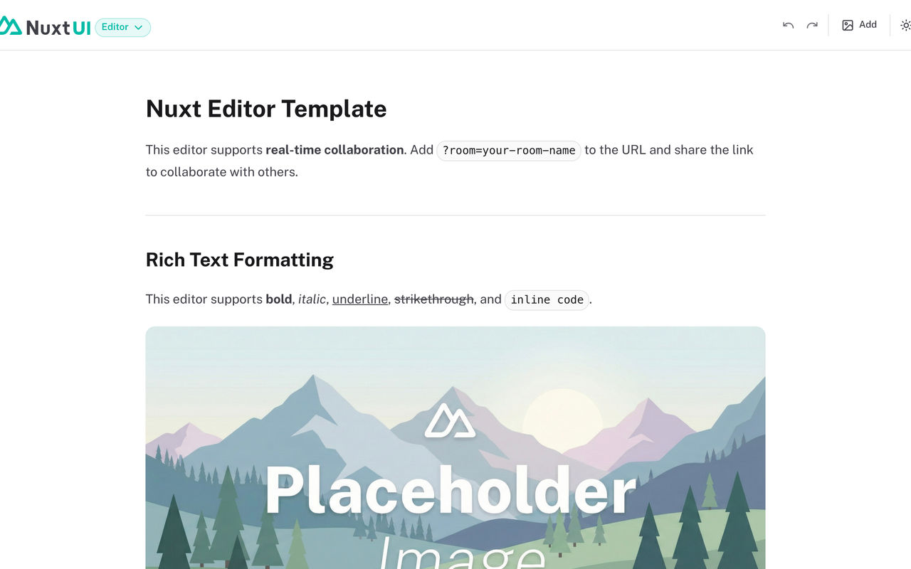 Homepage screenshot of editor-template.nuxt.dev
