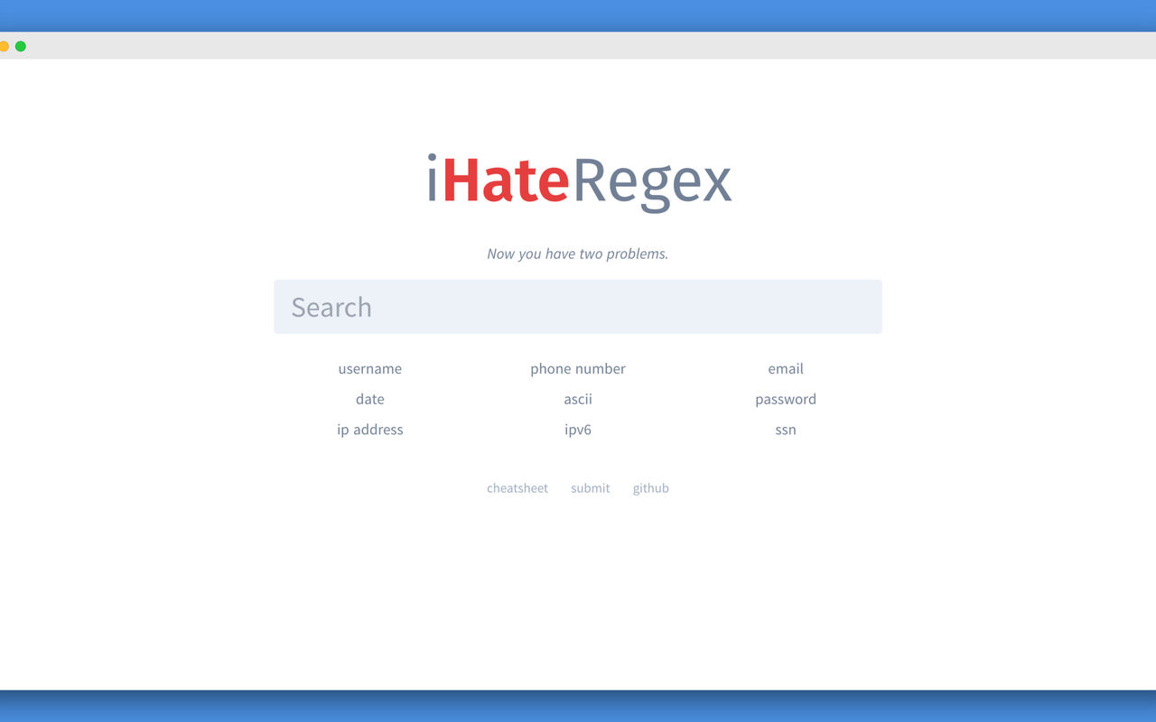 Homepage screenshot of ihateregex.io