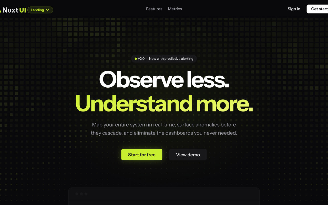 Homepage screenshot of landing-template.nuxt.dev