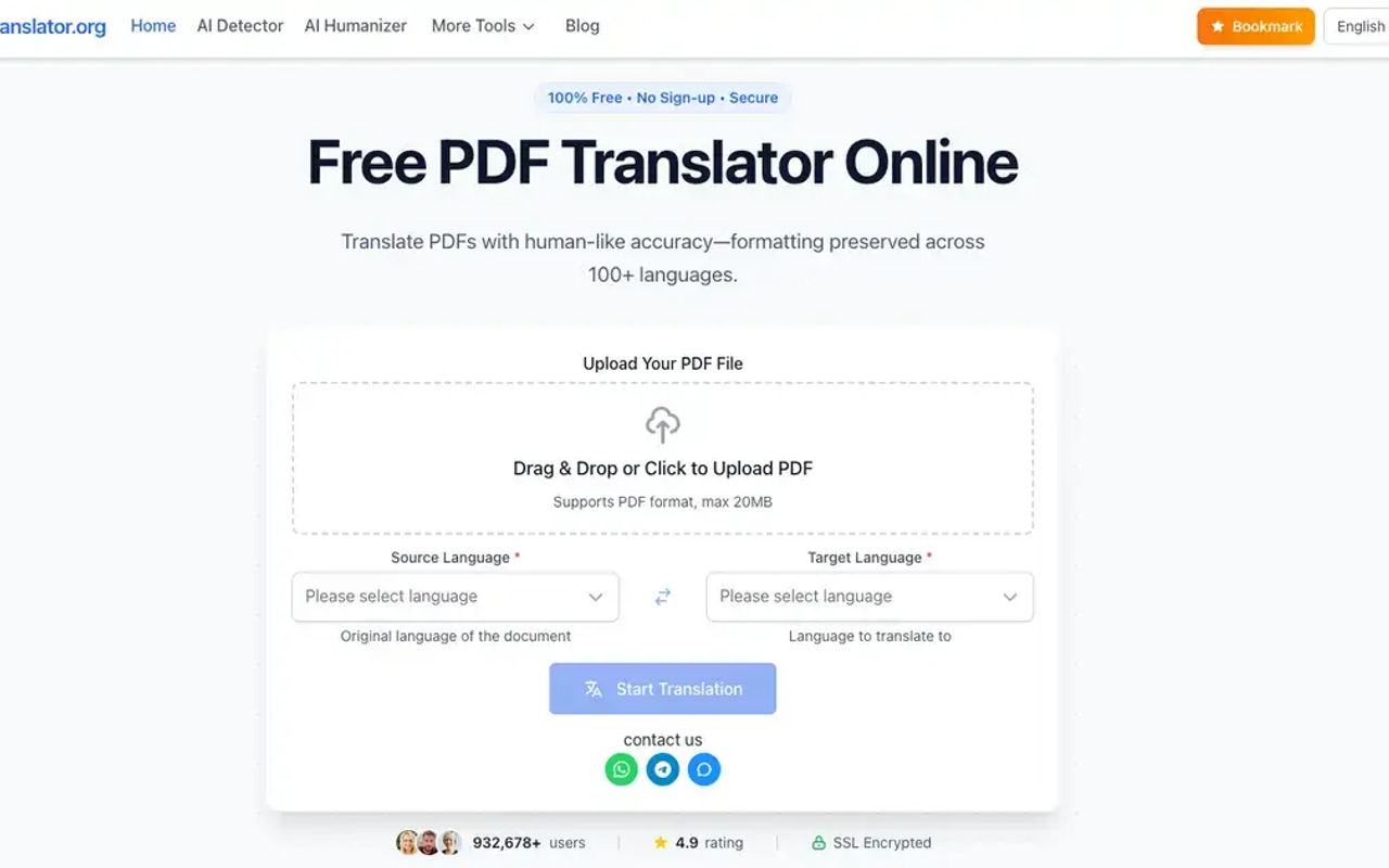Homepage screenshot of pdftranslator.org