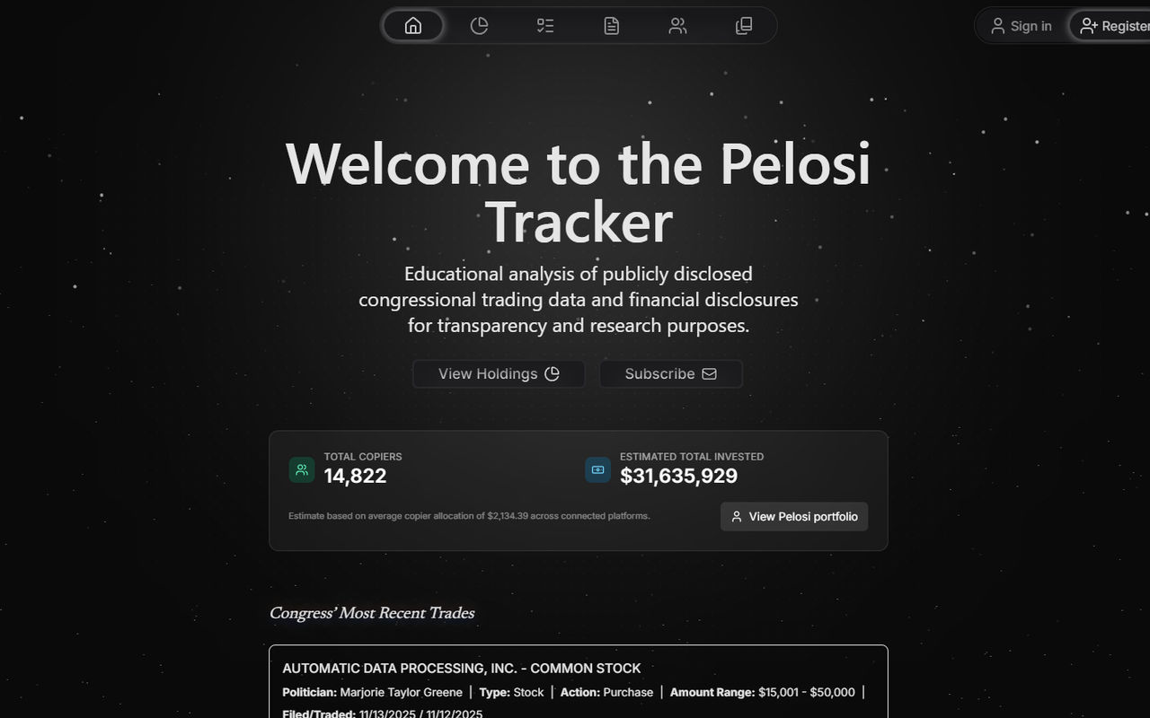 Homepage screenshot of pelositracker.app