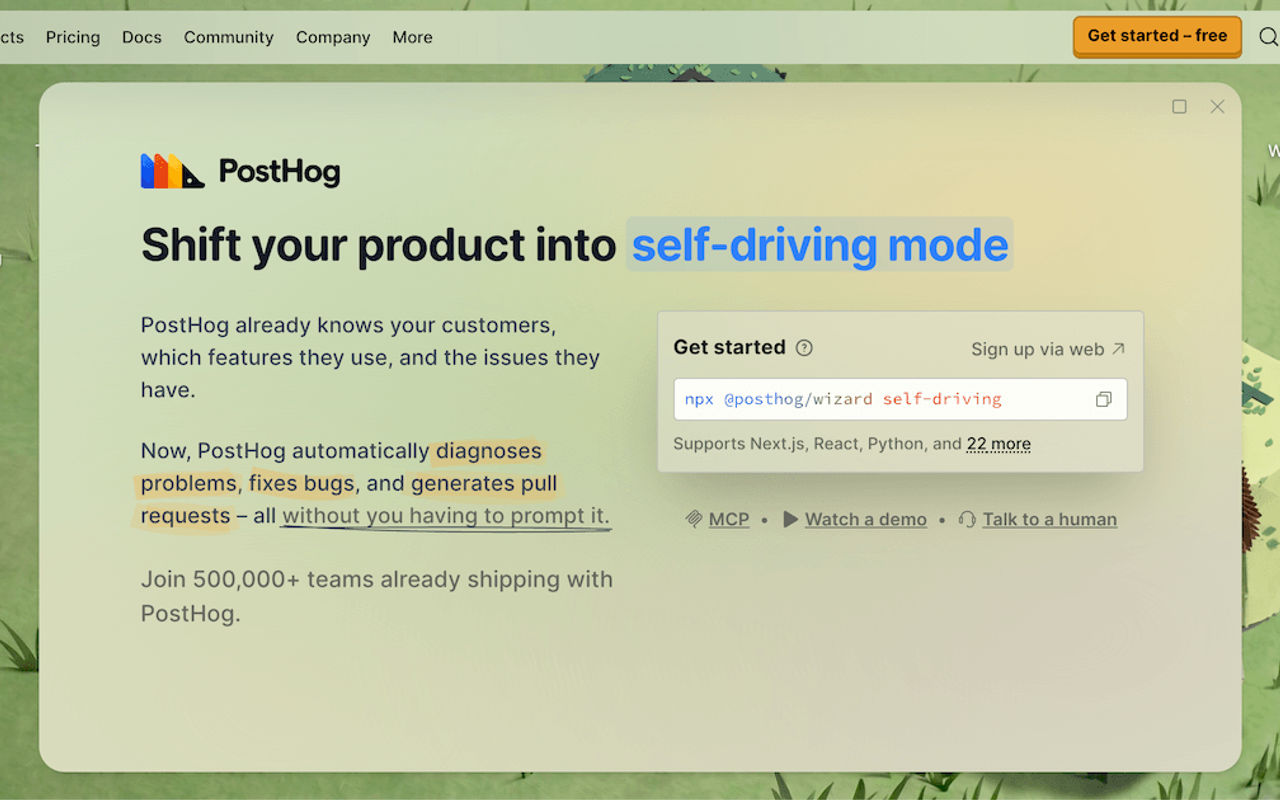 Homepage screenshot of posthog.com