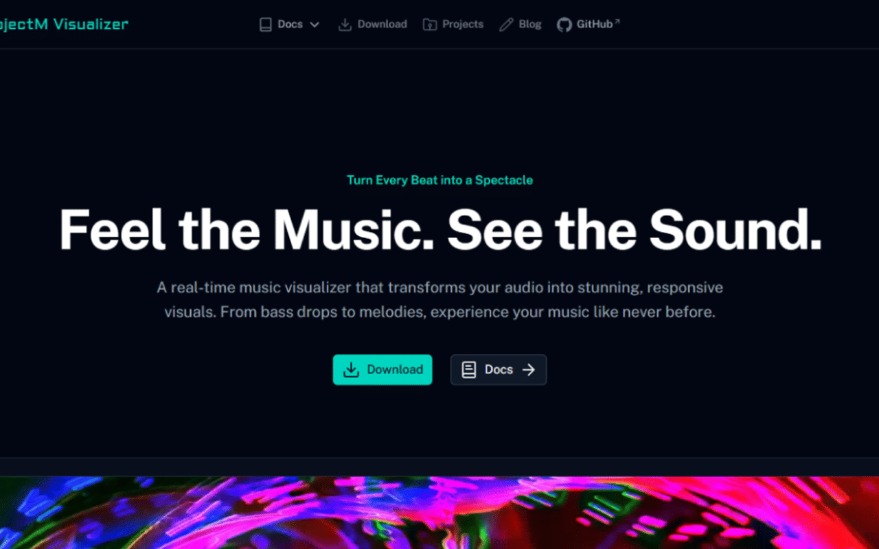 Homepage screenshot of projectm-visualizer.org
