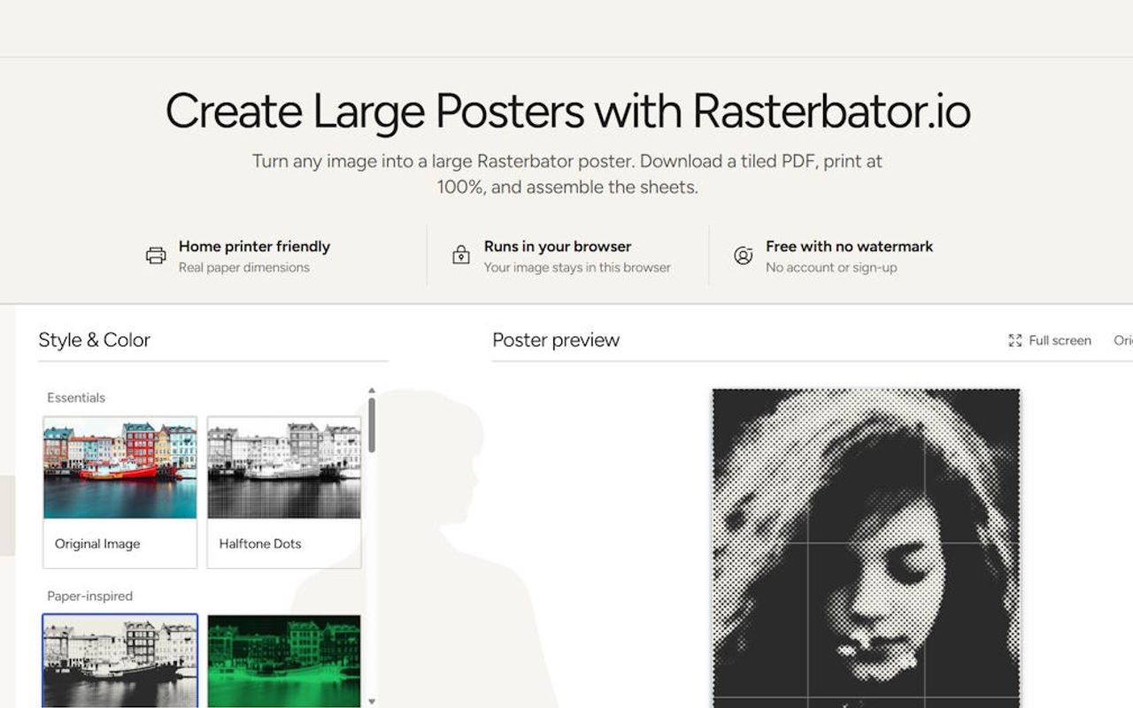 Homepage screenshot of rasterbator.io