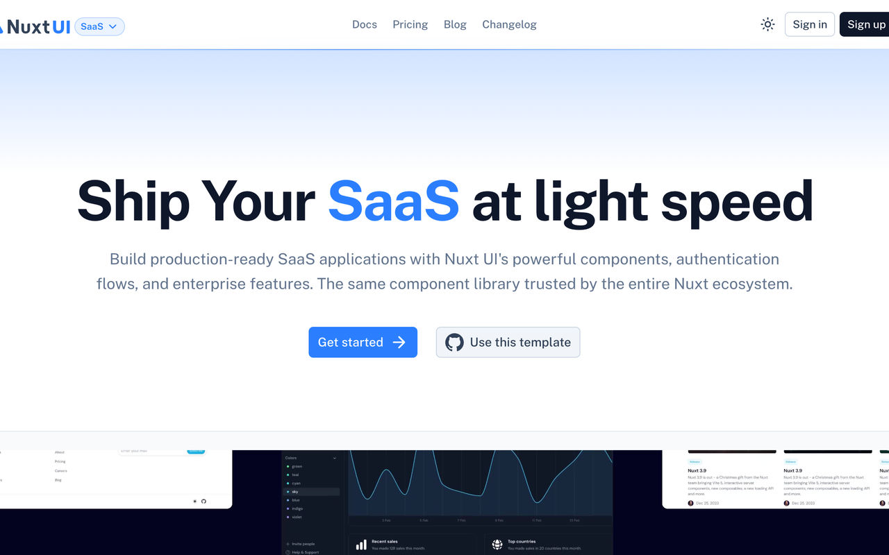 Homepage screenshot of saas-template.nuxt.dev