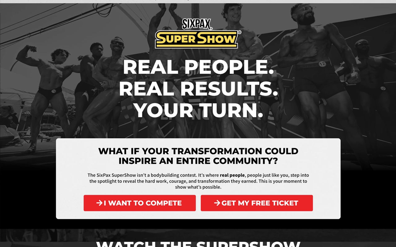 Homepage screenshot of sixpaxsupershow.com