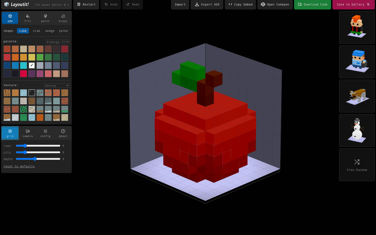Homepage screenshot of voxels.layoutit.com